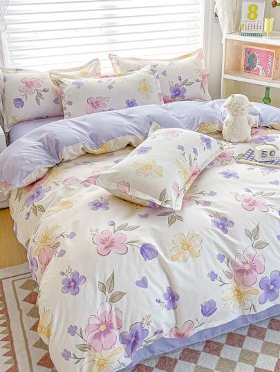 4pcs Bedding Set With Printed Double-Sided Design, Including 1pc Duvet Cover, 1pc Flat Sheet, 2pcs Pillow Cases. Soft Flannel Fabric, Warm, Washable, Antibacterial, Suitable For Bedroom, Guest Room, Dormitory, Unisex, 4-Season Use