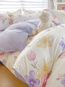 4pcs Bedding Set With Printed Double-Sided Design, Including 1pc Duvet Cover, 1pc Flat Sheet, 2pcs Pillow Cases. Soft Flannel Fabric, Warm, Washable, Antibacterial, Suitable For Bedroom, Guest Room, Dormitory, Unisex, 4-Season Use