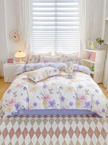 4pcs Bedding Set With Printed Double-Sided Design, Including 1pc Duvet Cover, 1pc Flat Sheet, 2pcs Pillow Cases. Soft Flannel Fabric, Warm, Washable, Antibacterial, Suitable For Bedroom, Guest Room, Dormitory, Unisex, 4-Season Use
