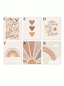 6 PCS Bohemian Canvas Print Alphabet Wall Art Painting Love Poster Rainbow Wall Picture Beige Canvas Painting Sunshine Art Poster Nursery Wall Decor Poster Kids Bedroom Wall Decoration No Frame