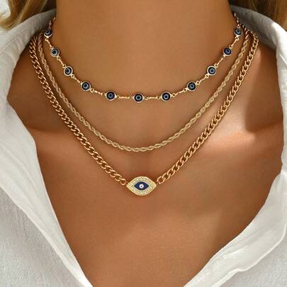 3pcs Metal Chain Devil Eye Pendant Necklaces Set, Minimalist Choker Jewelry For Women Everyday And Gathering Wear