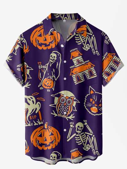 Plus Size Men Halloween Vacation Casual Outdoor Skull Pumpkin Ghost Art Pattern 3D Digital Print Polo Collar Chest Pocket Holiday Fashion Casual Short Sleeve Shirt