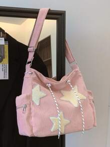 1 pieza Bolso de hombro de pana con bloque de color y decoración de estrella, bolso cruzado de pana de gran capacidad y casual con cremallera, mochila antirrobo para estudiantes, regalo para vacaciones