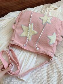 1 pieza Bolso de hombro de pana con bloque de color y decoración de estrella, bolso cruzado de pana de gran capacidad y casual con cremallera, mochila antirrobo para estudiantes, regalo para vacaciones