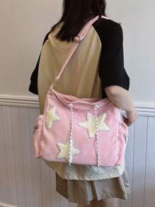 1 pieza Bolso de hombro de pana con bloque de color y decoración de estrella, bolso cruzado de pana de gran capacidad y casual con cremallera, mochila antirrobo para estudiantes, regalo para vacaciones