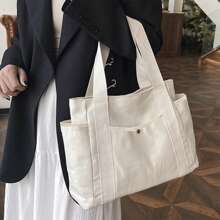 1pc Large Capacity Canvas Solid Letter Tote Bag Versatile Handbag For Commuter Work Student Class Underarm Women's Bag Shopping Bag