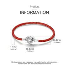 925 纯银手链 闪亮锆石心形扣蛇链 CZ 红色皮革手链 女士 DIY 吊坠珠子珠宝礼物 - 紅色 - 查看 4