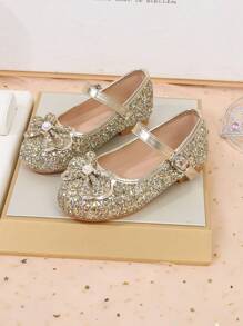 Girls' Shiny Sequin Bow Party Wedding Dancing Flat Shoes - Gold - View 5