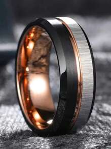 1 Pc 8MM Fashion Black Brushed Stainless Steel Rings For Men Anniversary Party Gift Classical Gold Color Line Groove Beveled Edge Men Rings Jewelry Accessories