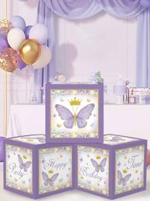 3pcs/Set 27cm Purple Butterfly Style Birthday Party Background Decorative Box, Butterfly Theme Happy Birthday Party Room Wall Background Decoration Supplies, Birthday Babe Shower Balloon Storage Box