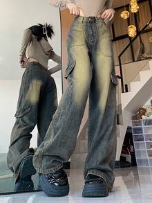 洗水牛仔工装裤（无腰带） - 藍色 - 查看 3