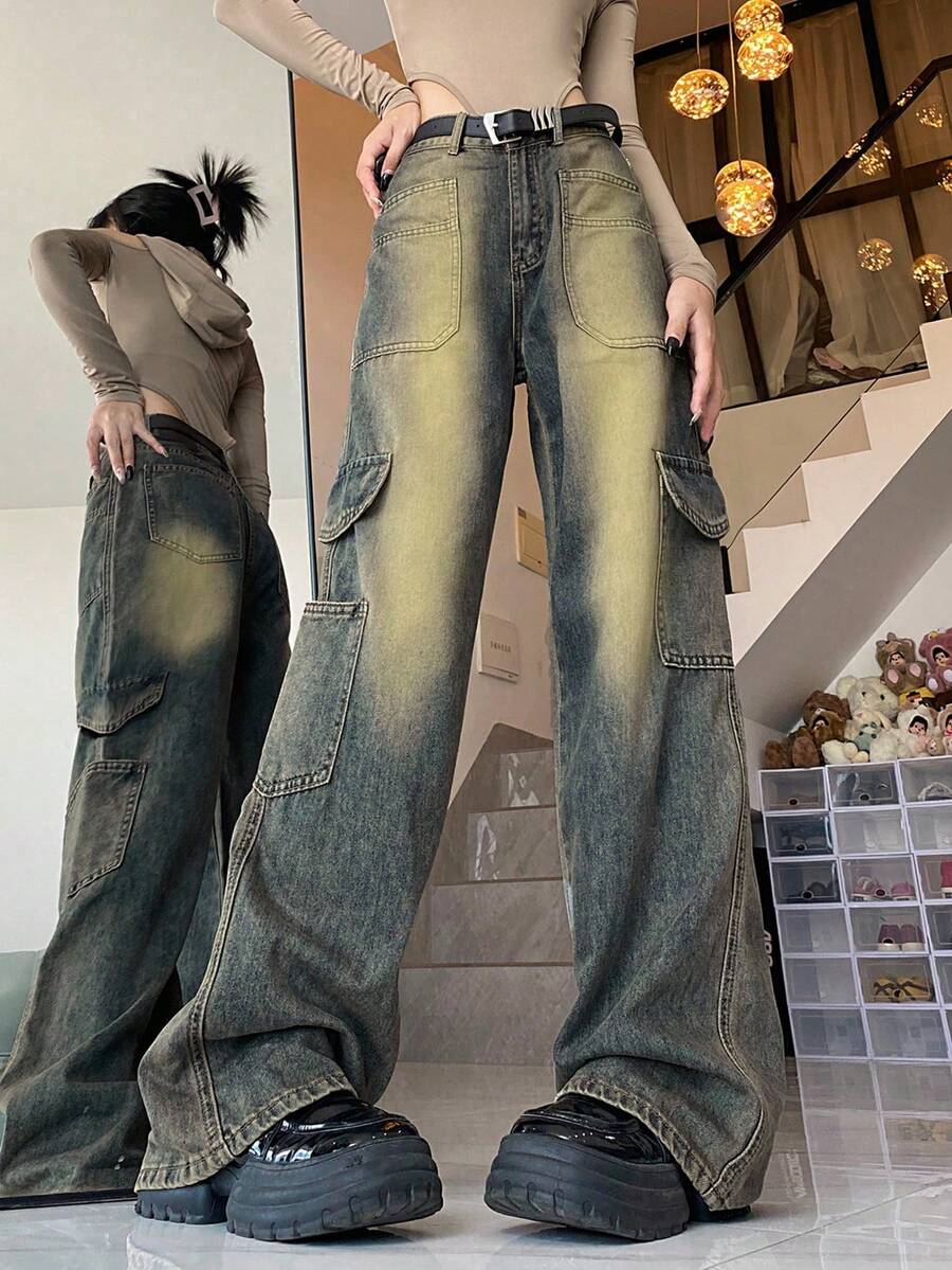 洗水牛仔工装裤（无腰带） - 藍色 - 查看 1