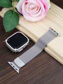 兼容 表带和表壳组合。时尚休闲，男女皆宜。这款二合一表壳采用柔软透气、可调节的环形不锈钢编织磁扣表带，搭配闪亮镶钻、防摔防刮的 PC 材质和钢化玻璃保护膜，兼容 Series Ultra/11/10/9/8/7/6/5/4/3/Se，搭配 38/40/41/42/44/45/46/49 毫米表带和表壳。