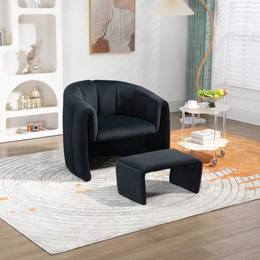 Coolmore Accent Chair With Ottoman, Mid Century Modern Barrel Chair Upholstered Club Tub Round Arms Chair For Living Room Bedroom Office - 黑色 - 查看 1