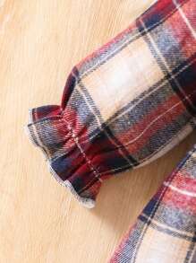 Baby Girl Fashion Plaid Woven Fabric Spliced Velvet Ruffle Collar Bow Decoration Concealed Zipper Back Long Sleeve Dress With Hat