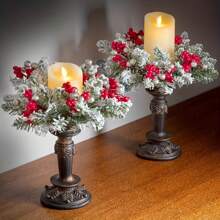 1pc Flocked Flower Christmas Wreath Candle Holder Desktop Mini Candle Wreath Decoration,Christmas Gift