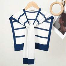 1pc Crochet Knitted Casual Striped Shawl, Suitable For Everyday, Air-Conditioned Home, Outdoor Activities, Camping Etc.