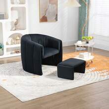 Coolmore Accent Chair With Ottoman, Mid Century Modern Barrel Chair Upholstered Club Tub Round Arms Chair For Living Room Bedroom Office - 黑色 - 查看 6