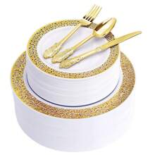 250/125/50/25/4 pièces Set de vaisselle réutilisable en plastique doré, comprend: Assiettes à dessert de 7,5 po, Assiettes de dîner de 10,25 po, Assiettes à bordure blanche et dorée, Couverts dorés premium - Idéal pour les rassemblements familiaux, anniversaires, mariages et vacances. Cadeau de Noël