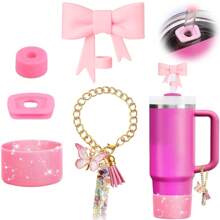 Set de 5 accesorios para tazas de 30oz y 40oz, decoraciones con iniciales para tumblers, que incluye tapa y funda de silicona para pajita, tapa a prueba de derrames, y dije para asa