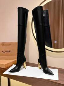 Pointed Toe Gold High Heel Sexy Thigh High Boots, Fashion Slim Fit Elastic Stiletto Dress Boots For Party/Holiday/Ball, Autumn & Winter