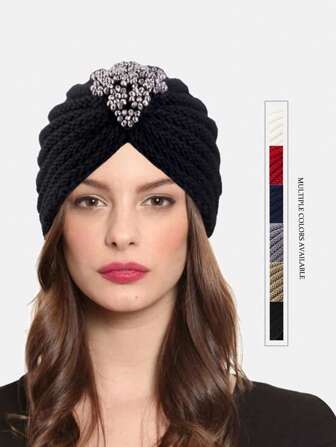 1pc Women Rhinestone Knitted Beanie Hat, Warm Winter Scarf Hood, Turban, Cap Suitable For Daily Use Christmas