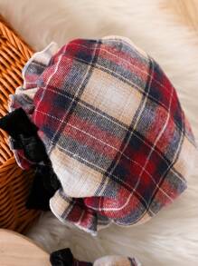 Baby Girl Fashion Plaid Woven Fabric Spliced Velvet Ruffle Collar Bow Decoration Concealed Zipper Back Long Sleeve Dress With Hat