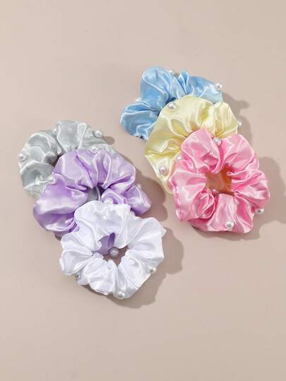 10个装女士简约优雅多巴胺色缎面发圈，饰有珍珠，适合日常佩戴、春夏装扮、度假服饰配饰