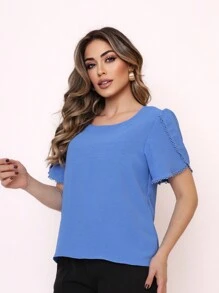 Smile Fashion Women's Blouse Short Sleeve Dune Fabric - Blue - View 2