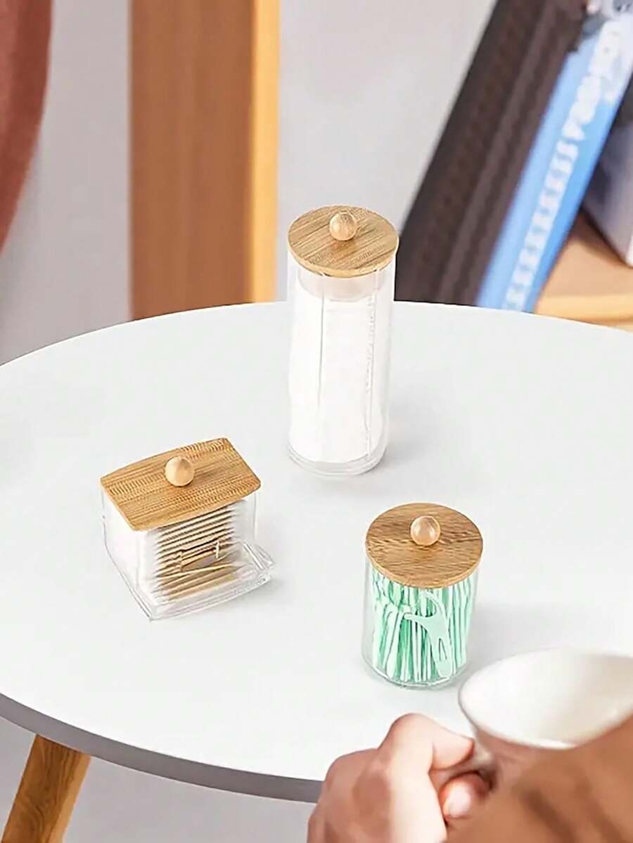 3 Gói Đựng Tăm Bông Vệ Sinh, Hộp Đựng Đồ Nhà Tắm, Hộp Đựng Bóng, Tăm Bông Vệ Sinh, Miếng Lót Tròn & Que Tăm Chỉ, Lọ Đựng Trong Suốt Có Nắp Bằng Tre, Đồ Sắp Xếp Gia Dụng & Đồ Dùng Lưu Trữ - Trong sáng - Xem 1