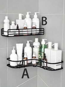 1 件铁制浴室收纳架，无孔壁挂式收纳架，浴室搁板收纳架 - 黑色 - 查看 5