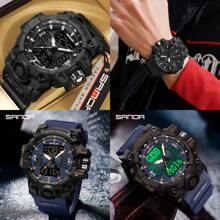 SANDA 男士手表数字石英双时区军用运动腕表顶级品牌奢华多功能闹钟日期星期秒表功能 TPU 表带防水电子男钟礼物