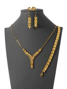 4 件/套 24K 镀金铜麦穗链女式首饰套装，包括 1 条项链、1 条手链、1 对耳环、1 件戒指 - 金黃色 - 查看 1