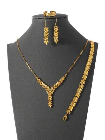 طقم مجوهرات بسلسلة قمح مطلية بالذهب عيار 24 قيراط 4 قطع/طقم، يشمل 1 قلادة 1 سوار 1 زوج أقراط 1 خاتمرمضان
