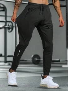 男士舒适高弹力休闲裤，带拉链口袋和可调节腰部，适合夏季运动和训练，可机洗，带反光设计