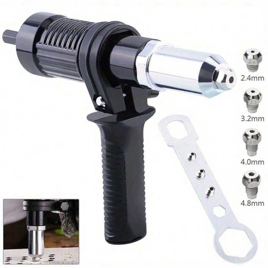 Rivet Gun Adapter Cordless Power Drill Tool Kit, Portable Electric Riveter Nut Gun With Removable Plastic Handle And Wrench Riveting Drill Tools Accessories - As Shown - View 1