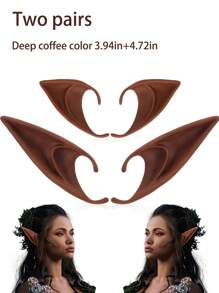 2 对万圣节纯色耳朵乳胶耳朵角色扮演耳朵玩具，季节性节日舞会服装道具，深咖啡色自然色 - 彩色 - 查看 2