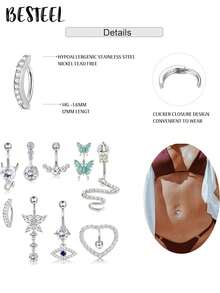 BESTEEL 1pc 14G Belly Button Bars Dangle Cute Butterfly Snake Evil Eye Heart Clear CZ Clicker Dangly Belly Button Rings For Women Belly Button Piercinging - Multicolor - View 2