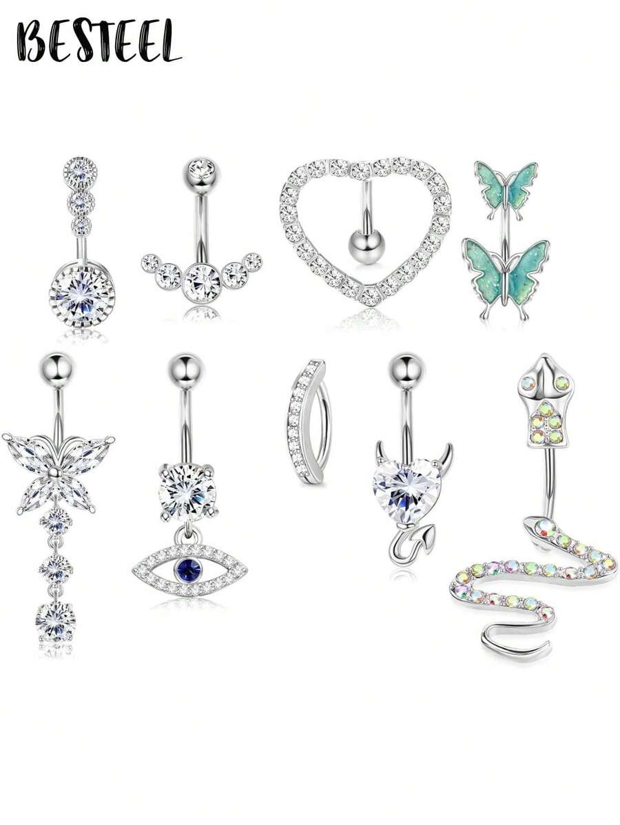 BESTEEL 1pc 14G Belly Button Bars Dangle Cute Butterfly Snake Evil Eye Heart Clear CZ Clicker Dangly Belly Button Rings For Women Belly Button Piercinging - Multicolor - View 1