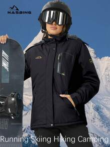 KEFITEVD 女士冬季滑雪夹克防水防风保暖连帽保暖冬装风衣徒步滑雪露营登山外套 - 黑色 - 查看 4