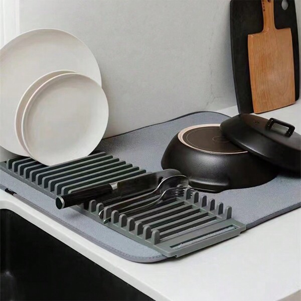 Foldable Dish Drying Rack Kitchen Sink Drain Tray Absorbent Cup Mat Multi-Function Storage Shelf