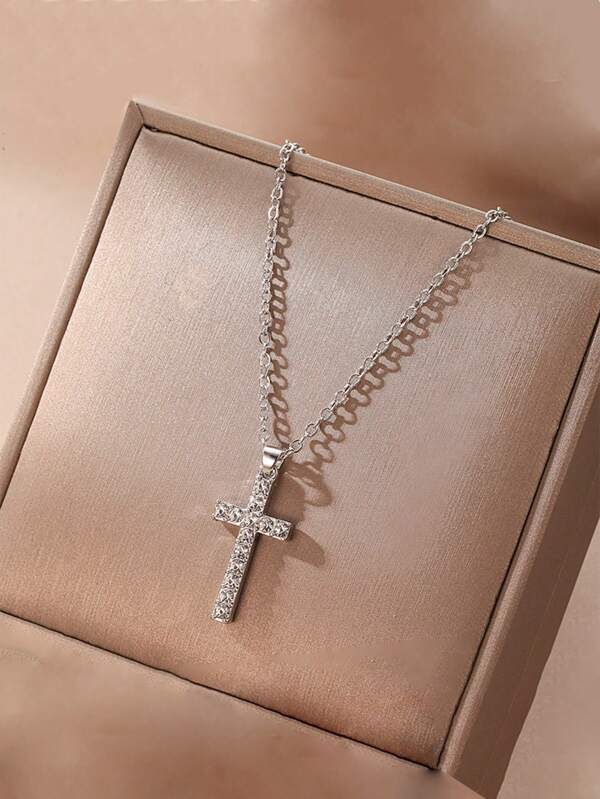 1 Rhinestone-Decorated Silver Cross Necklace Unisex Pendant Necklace, Unisex Necklace Decoration