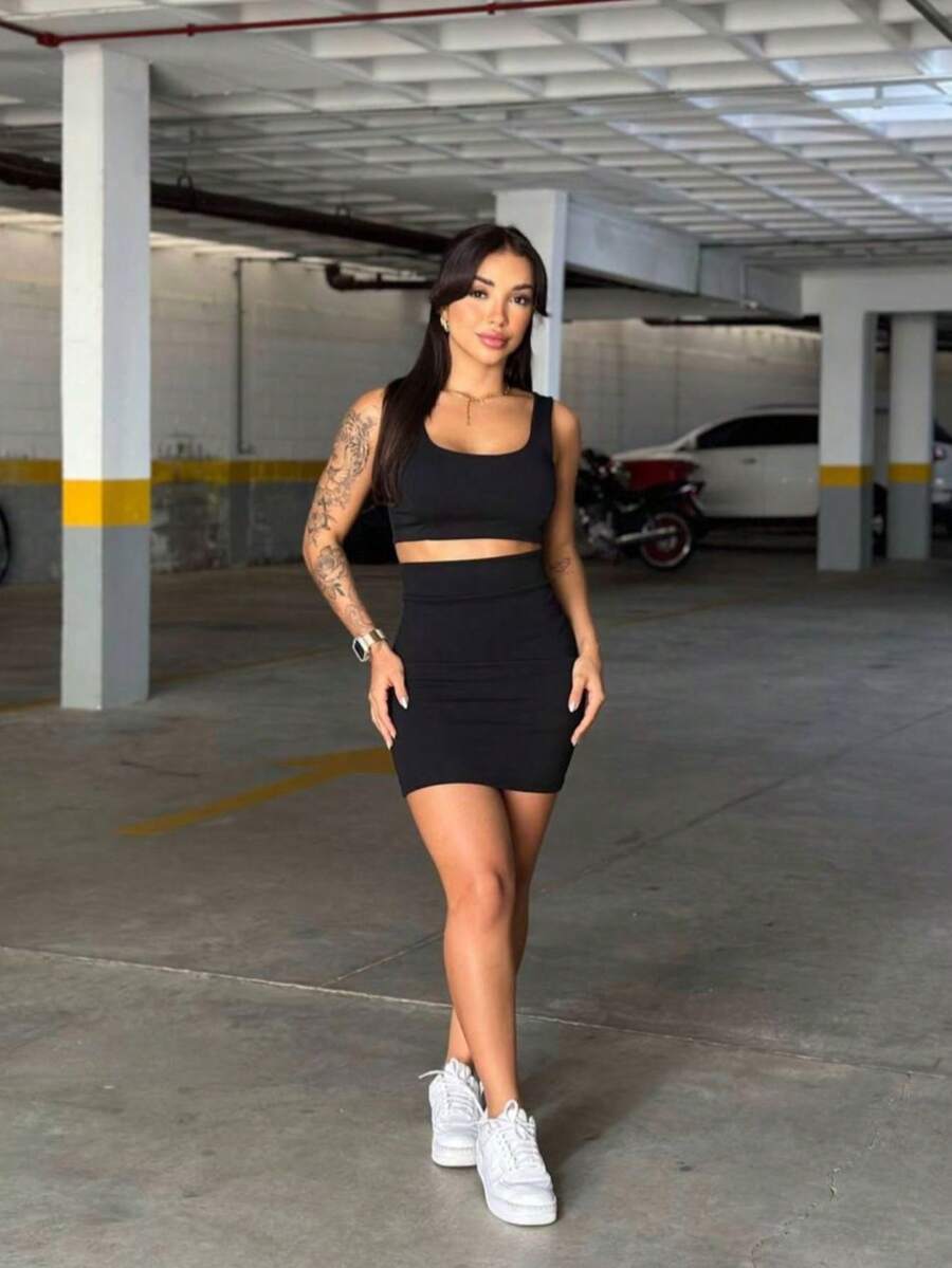 Sara Women's Set Skirt And Cropped Tank Top Anarruga New Elegant Fashion - 黑色 - 查看 1