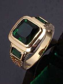 1pc Luxury Green Zirconia Square Ring, Business Fashion Jewelry Gift For Men Wedding Engagement Party