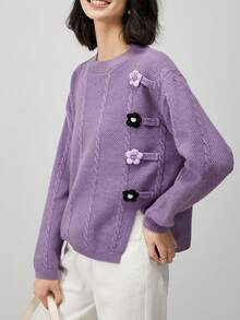 Women's Twisted Cable Knit 3D Flower Decora Going Out Tops, Fashionable Casual, Warm And Cozy, For Daily, Commuting, Home, Autumn Winter, Long Sleeve Tops,Vintage