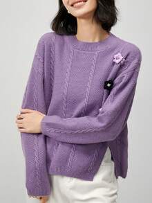 Women's Twisted Cable Knit 3D Flower Decora Going Out Tops, Fashionable Casual, Warm And Cozy, For Daily, Commuting, Home, Autumn Winter, Long Sleeve Tops,Vintage