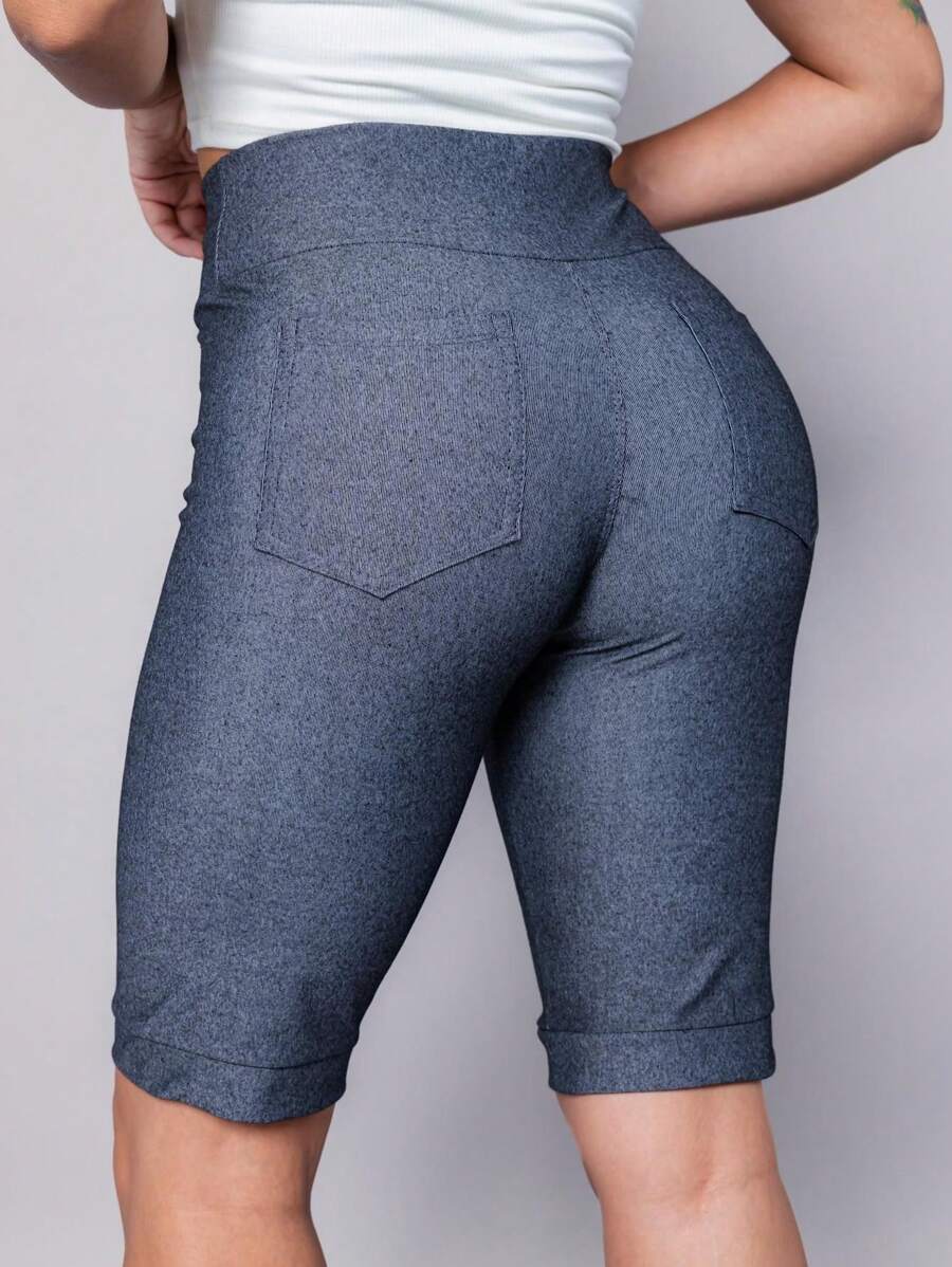 Women's Denim Shorts Bermuda Imita Jeans With Pockets High Waist Cotton - Grey - View 1