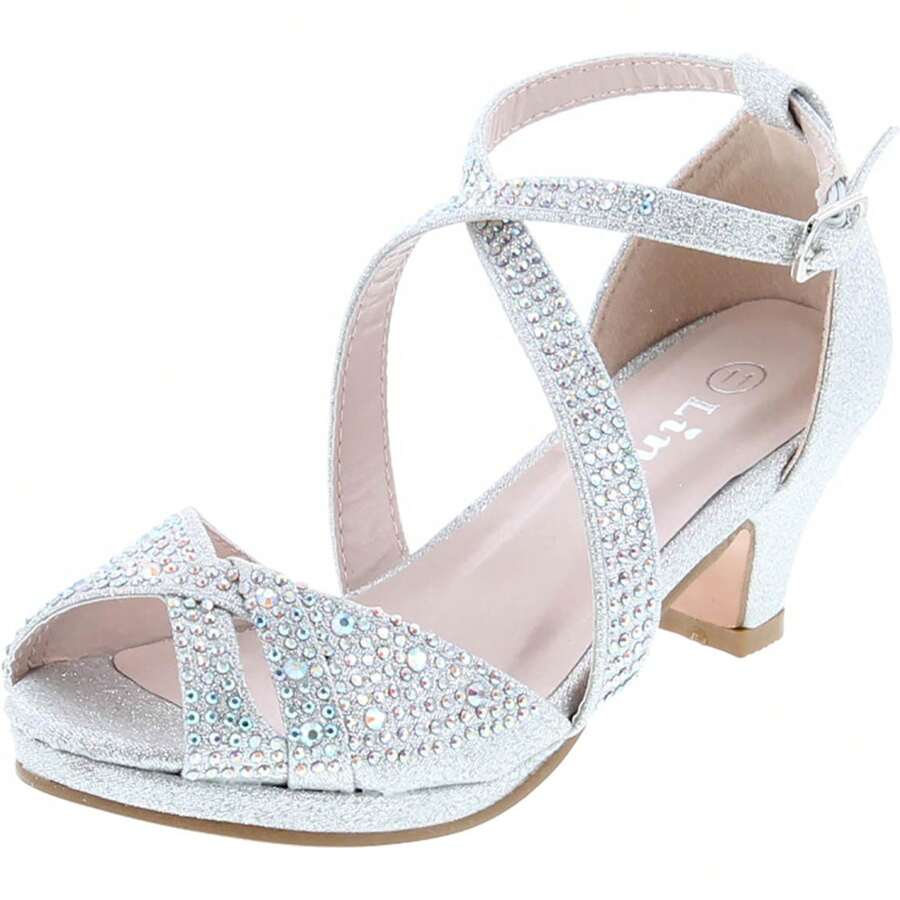 Girl's Rhinestone Criss Cross Ankle Strap Chunk Heel Sandals - Bạc - Xem 1