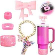 Set de 5 accesorios para tazas de 30oz y 40oz, decoraciones con iniciales para tumblers, que incluye tapa y funda de silicona para pajita, tapa a prueba de derrames, y dije para asa