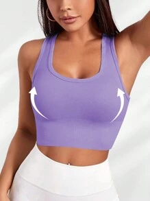 Yefecy Sujetador deportivo de punto acanalado de unicolor básico, sujetador deportivo inalámbrico con recogida a prueba de golpes para mujer, ropa deportiva para mujer, primavera/verano - Morado - Ver 6